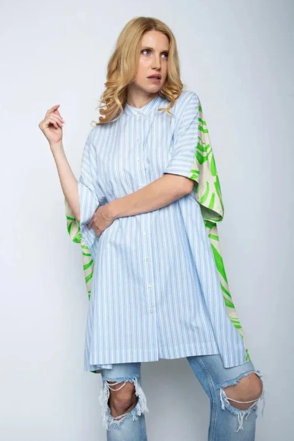 EMILY Blue & Green Poncho Style Shirt
