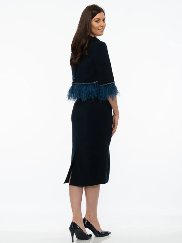Fely Campo Navy Suit with Feather Trim