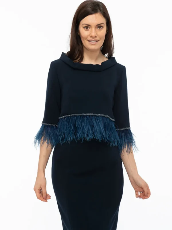 Fely Campo Navy Suit with Feather Trim