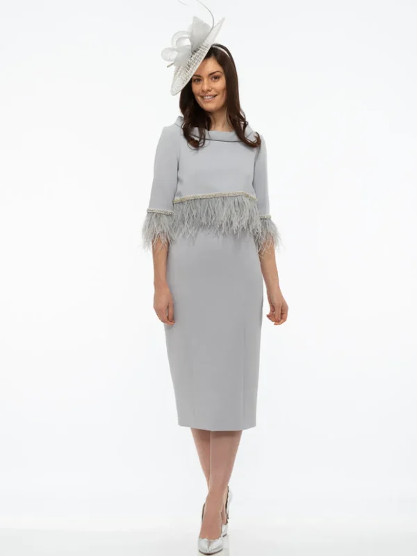 Fely Campo Silver Grey Suit with Feather Trim