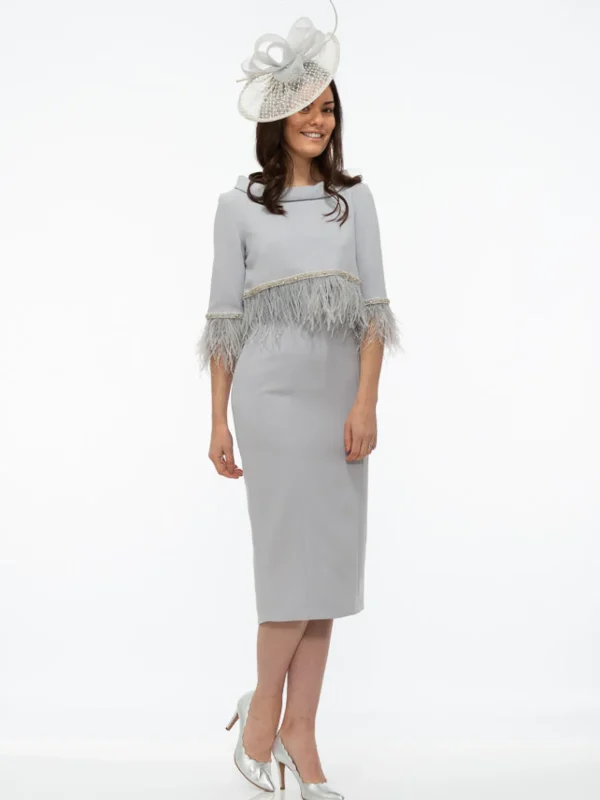 Fely Campo Silver Grey Suit with Feather Trim