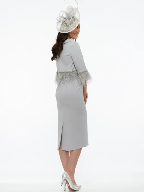 Fely Campo Silver Grey Suit with Feather Trim