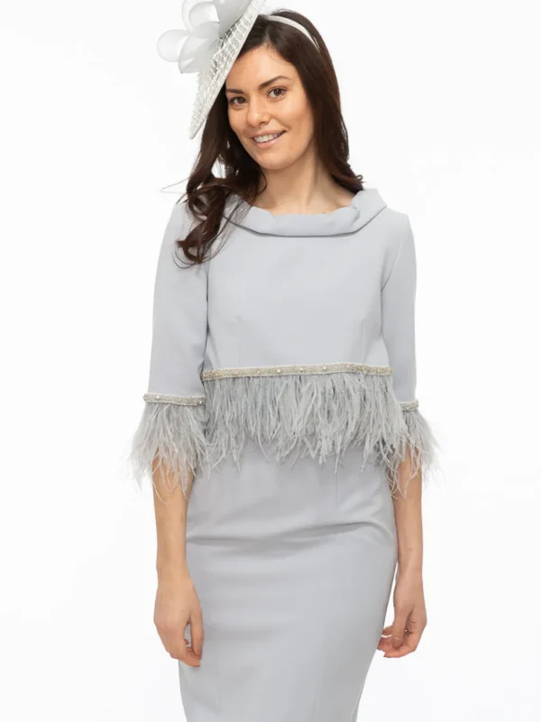 Fely Campo Silver Grey Suit with Feather Trim