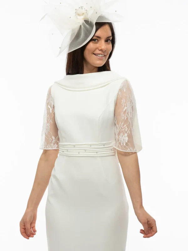 Gabriela Ivory Fish Tail Dress With Lace Sleeves