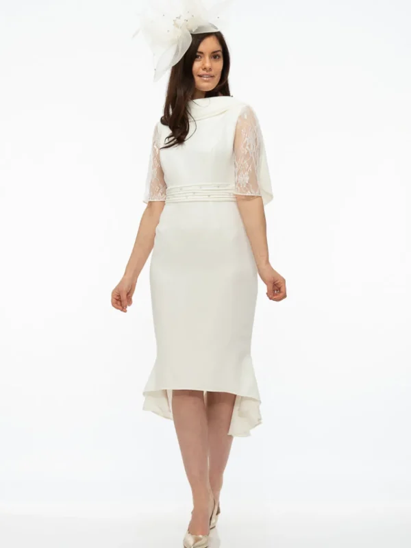 Gabriela Ivory Fish Tail Dress With Lace Sleeves