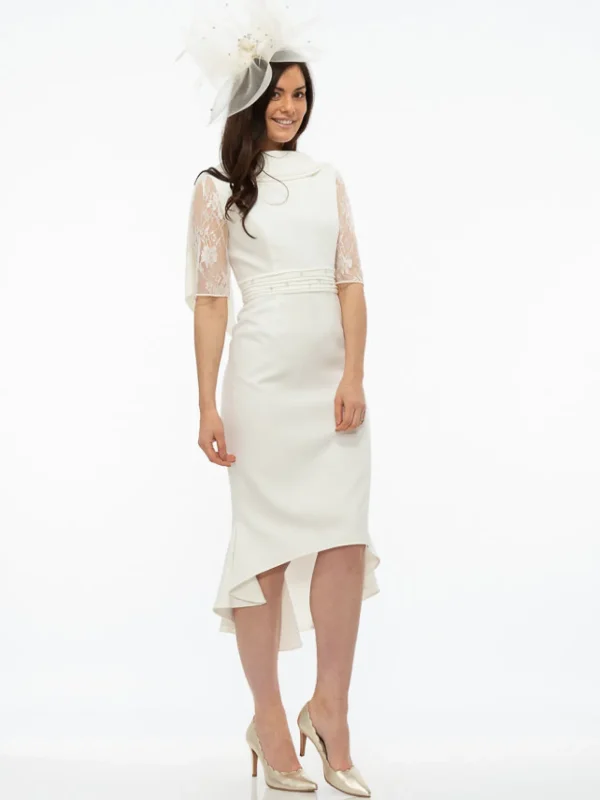 Gabriela Ivory Fish Tail Dress With Lace Sleeves