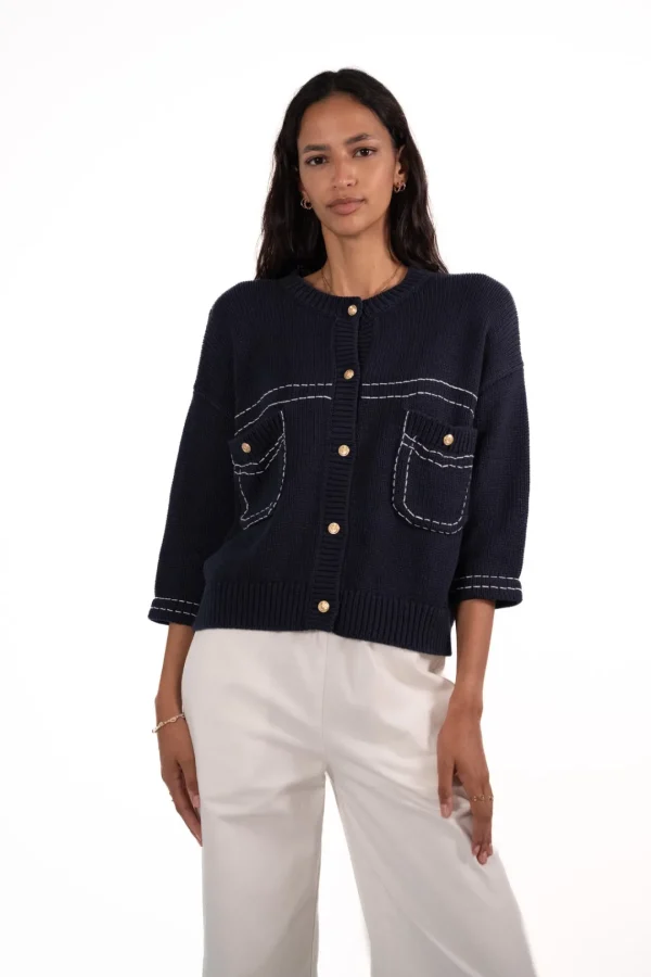 JEFF Navy Cardigan With White Stitching