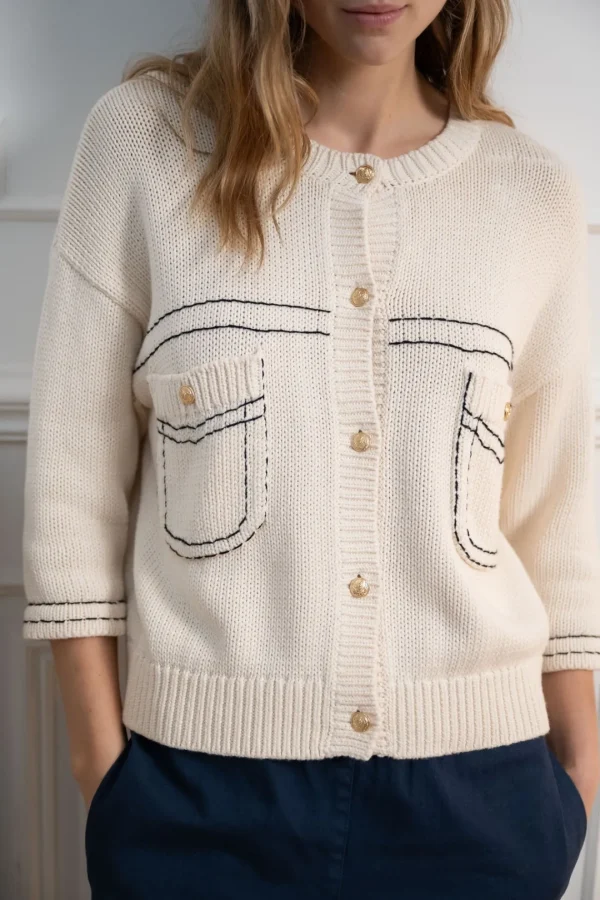 JEFF White Cardigan With Navy Stitching